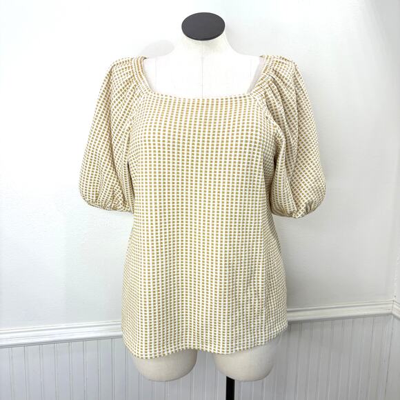 Ava & Viv Plus Size 1X Top Check Mustard White Puff Sleeve Fall Preppy Work - Picture 1 of 13